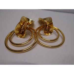 Door Knocker Calla Lily Statement Pierced Earrings VTG 1980's Gold Tone 2" Long